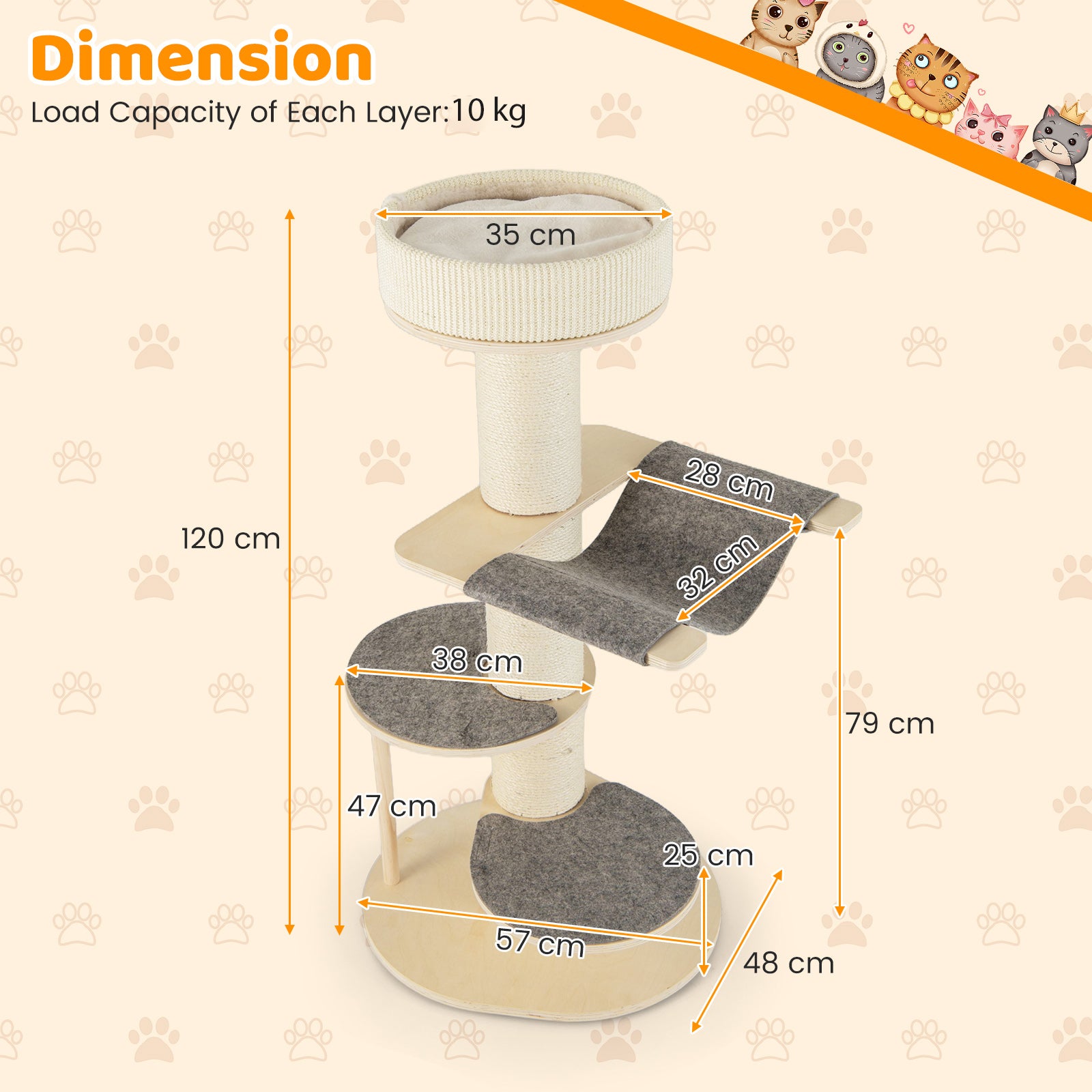 120 CM Multi-layer Cat Tower with Sisal Covered Scratching Posts and Carpet-Grey