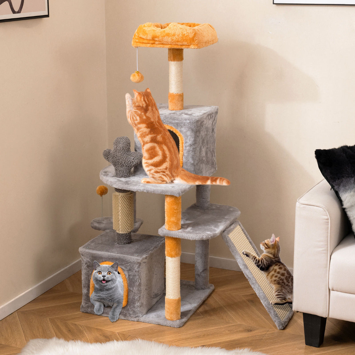 128 CM Tall Cat Tree with Sisal Scratching Posts and Ladder
