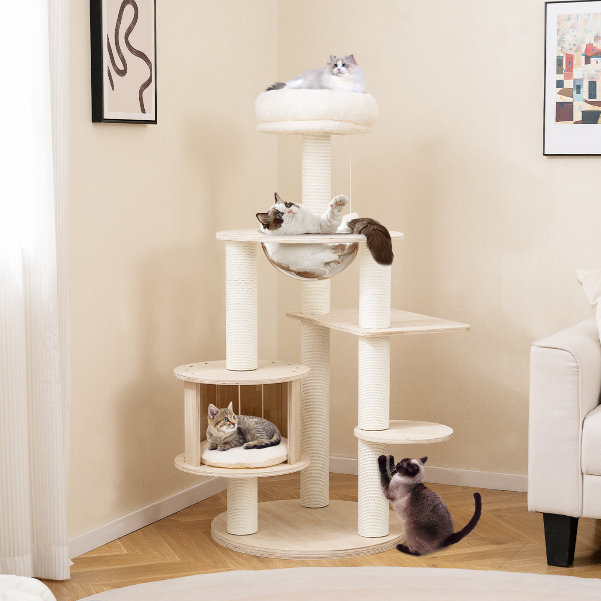132cm Tall Wooden Cat Tree Solid Plywood Kitten Tower with Space Capsule
