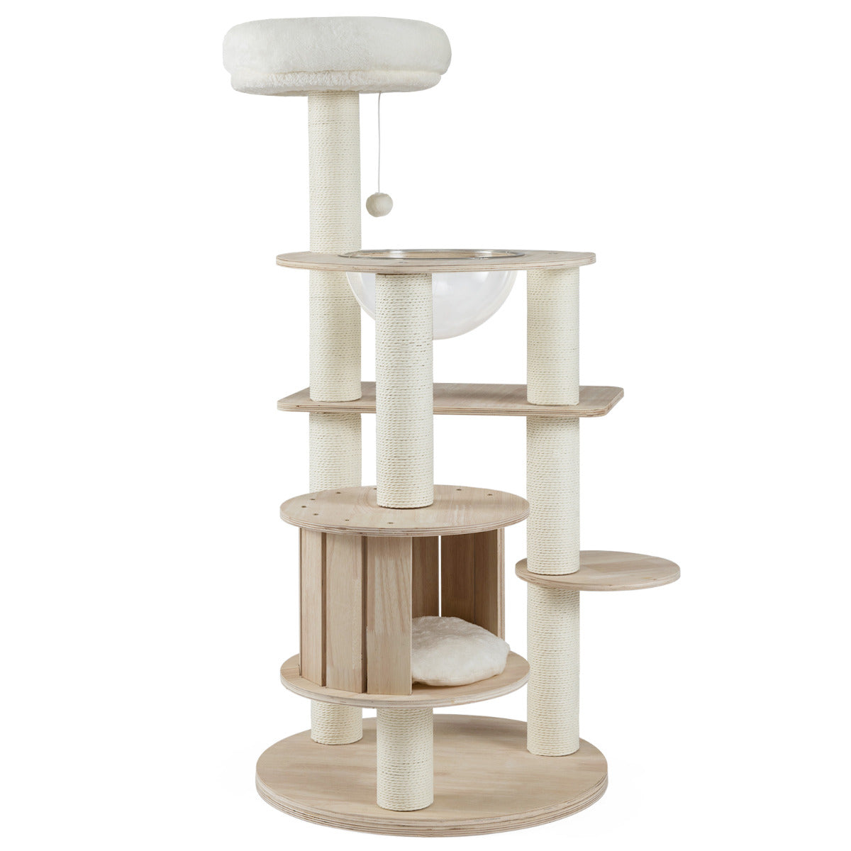 132cm Tall Wooden Cat Tree Solid Plywood Kitten Tower with Space Capsule