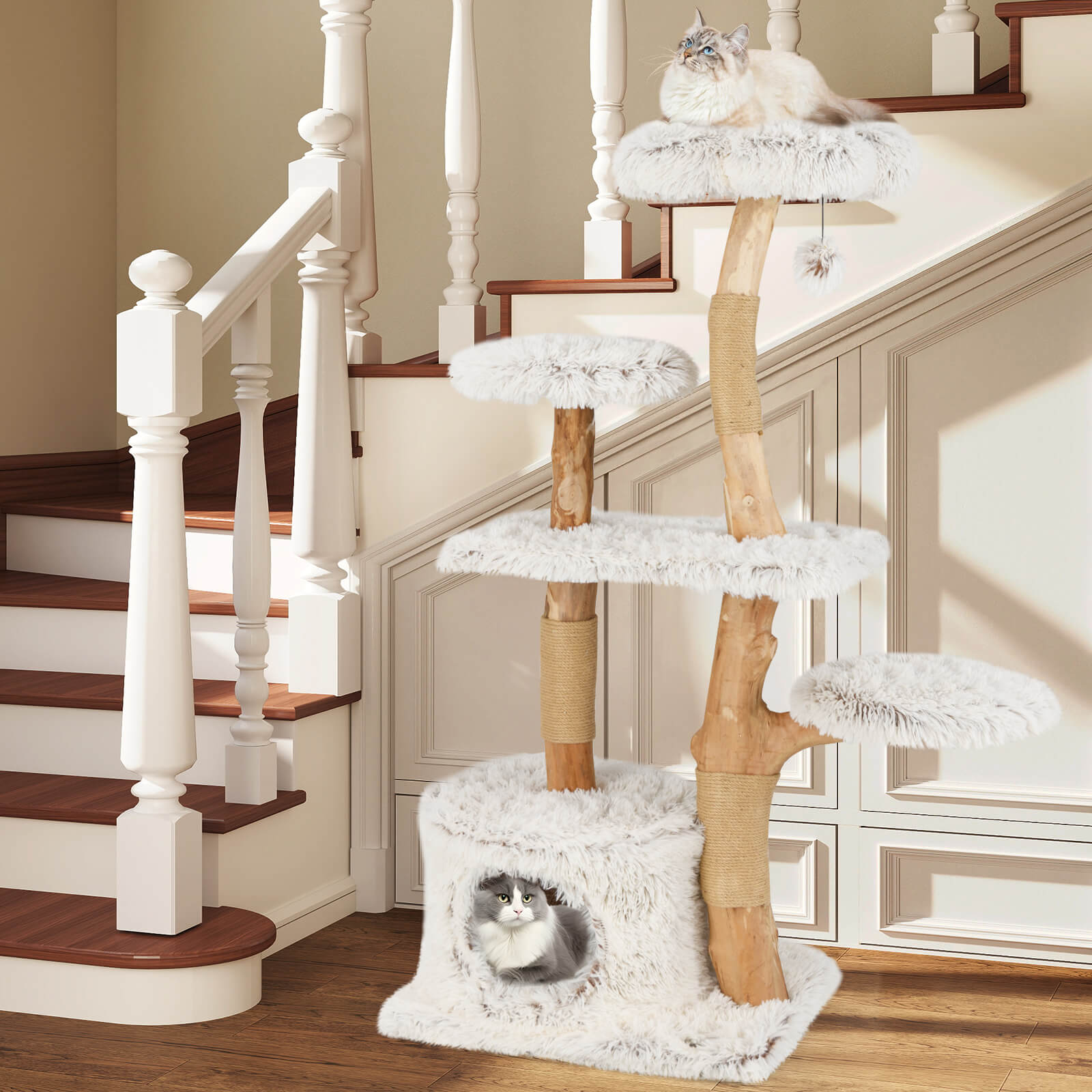 135cm Cat Tree Tower with Wood Branches and Plush Condo-White