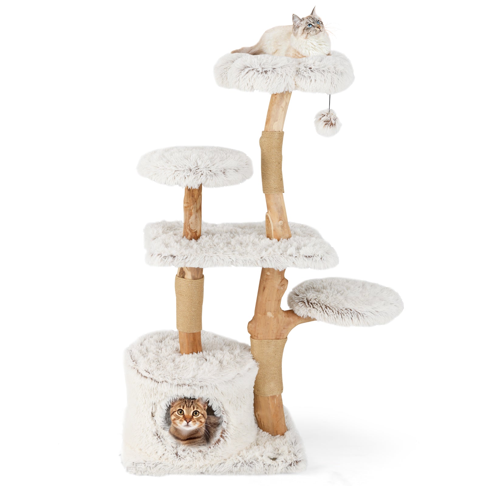 135cm Cat Tree Tower with Wood Branches and Plush Condo-White