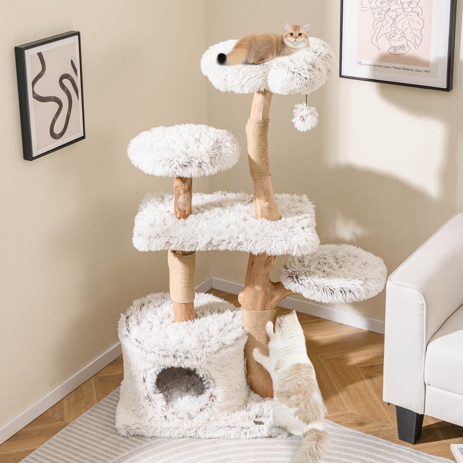 135cm Cat Tree Tower with Wood Branches and Plush Condo-White