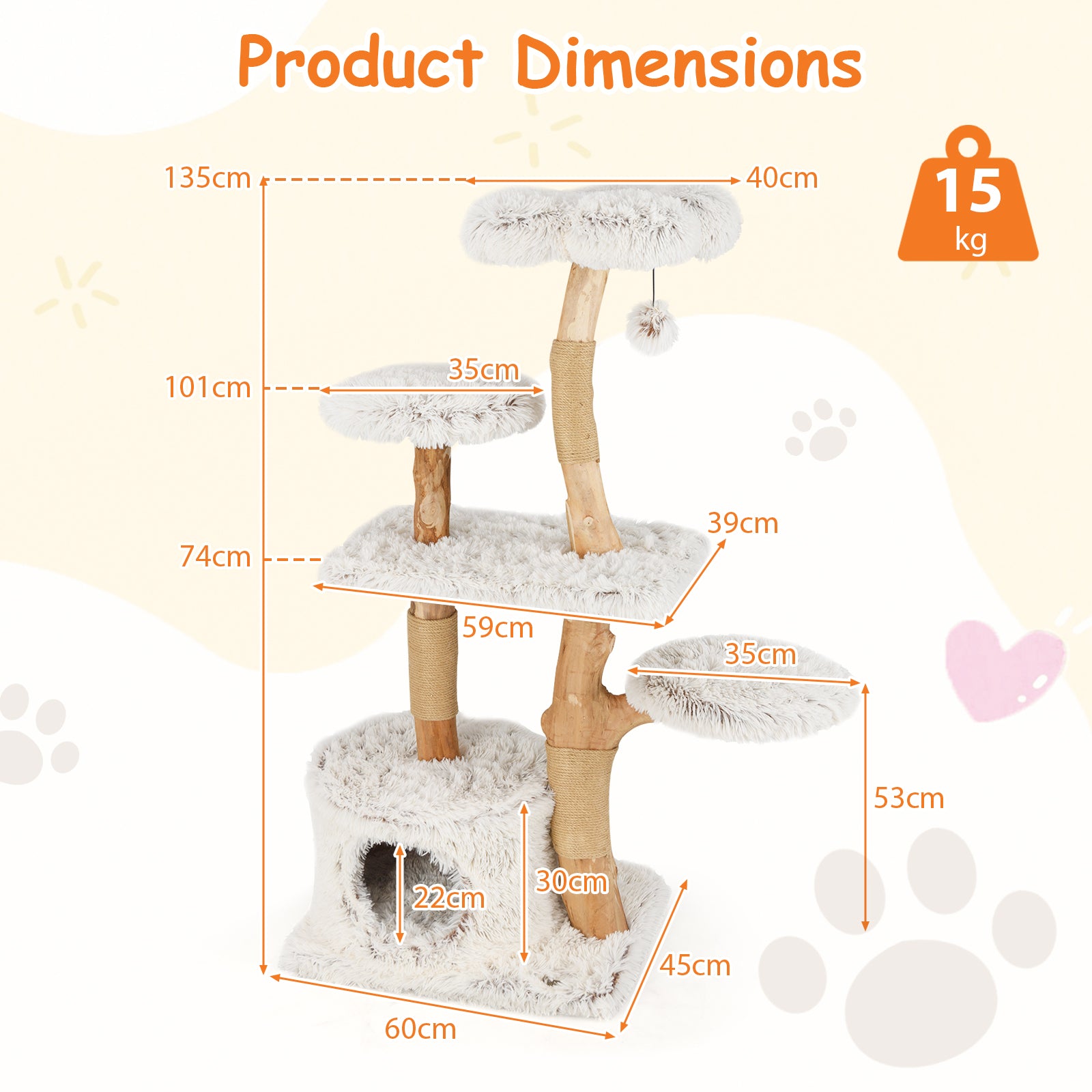 135cm Cat Tree Tower with Wood Branches and Plush Condo-White