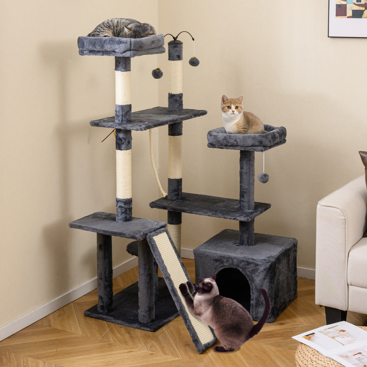 136 CM Tall Cat Tree Tower with Sisal Scratching Posts-Dark Grey