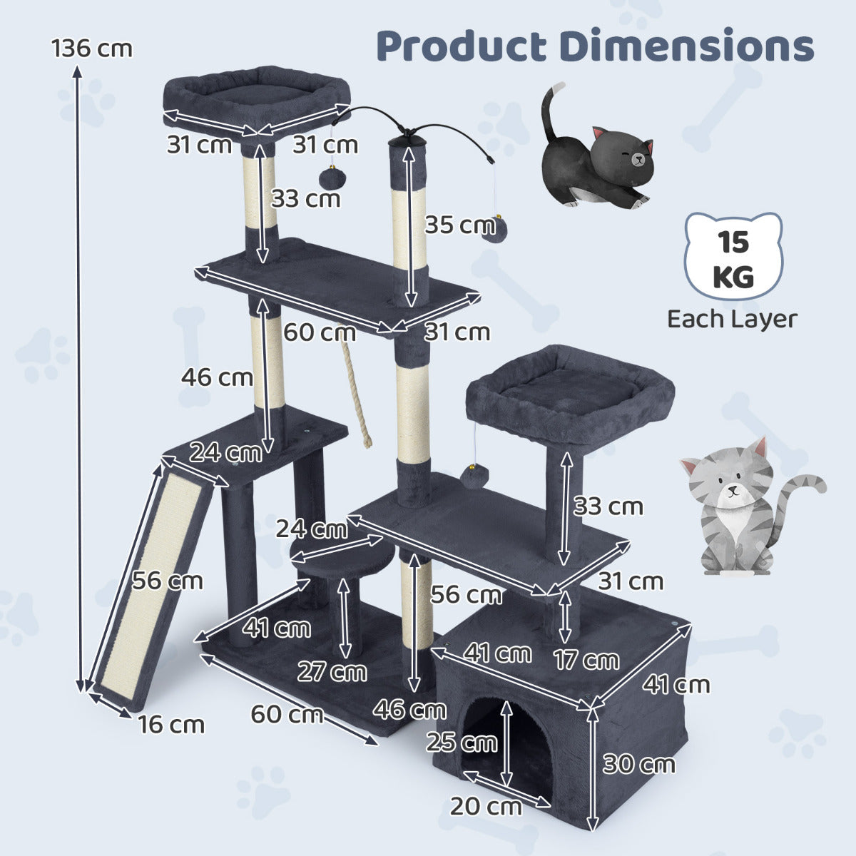 136 CM Tall Cat Tree Tower with Sisal Scratching Posts-Dark Grey