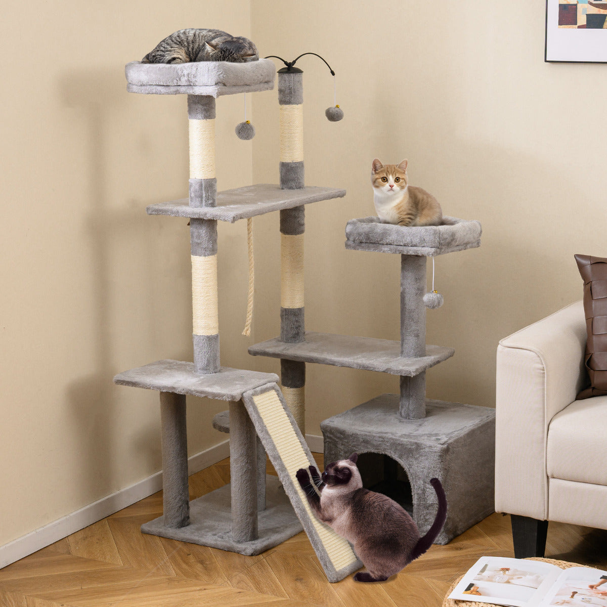 136 CM Tall Cat Tree Tower with Sisal Scratching Posts-Light Grey