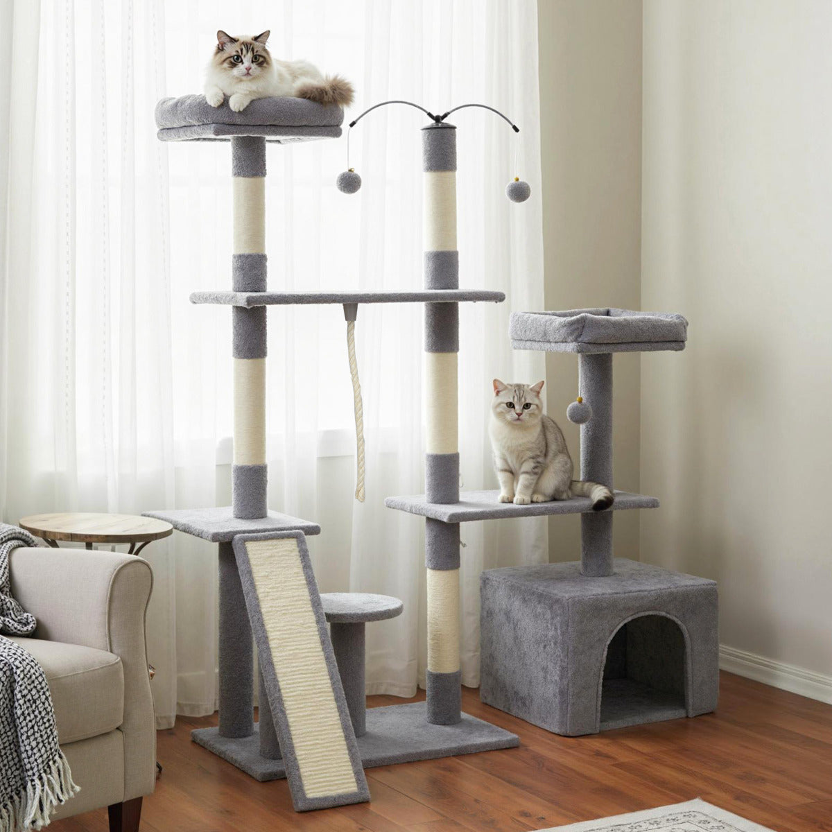 136 CM Tall Cat Tree Tower with Sisal Scratching Posts-Light Grey