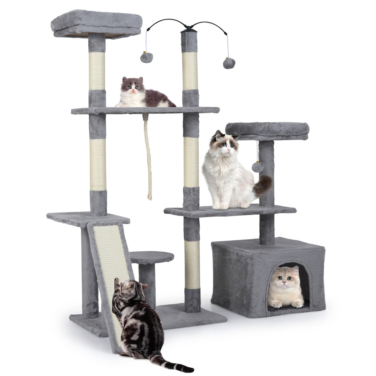 136 CM Tall Cat Tree Tower with Sisal Scratching Posts-Light Grey