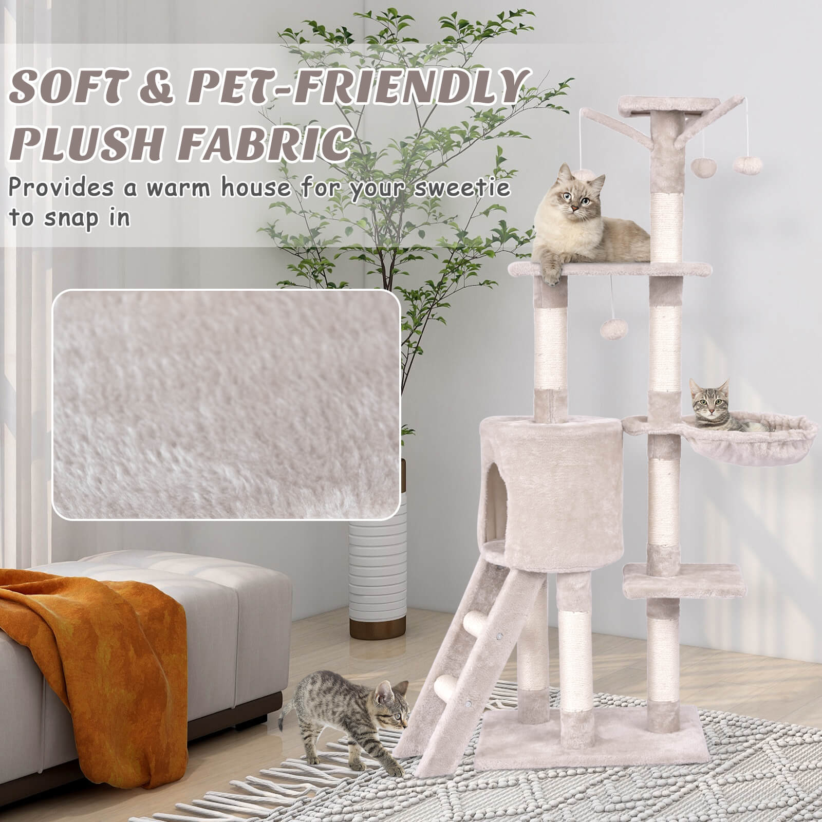 140cm Cat Tree Climbing Tower with Scratching Sisal Posts-Beige