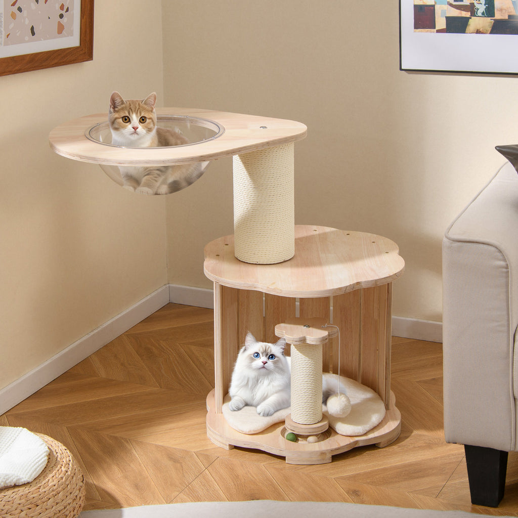 Wooden Cat Tree 3-Level Cute Kitten Tower with Condo Space Capsule Scratching Posts