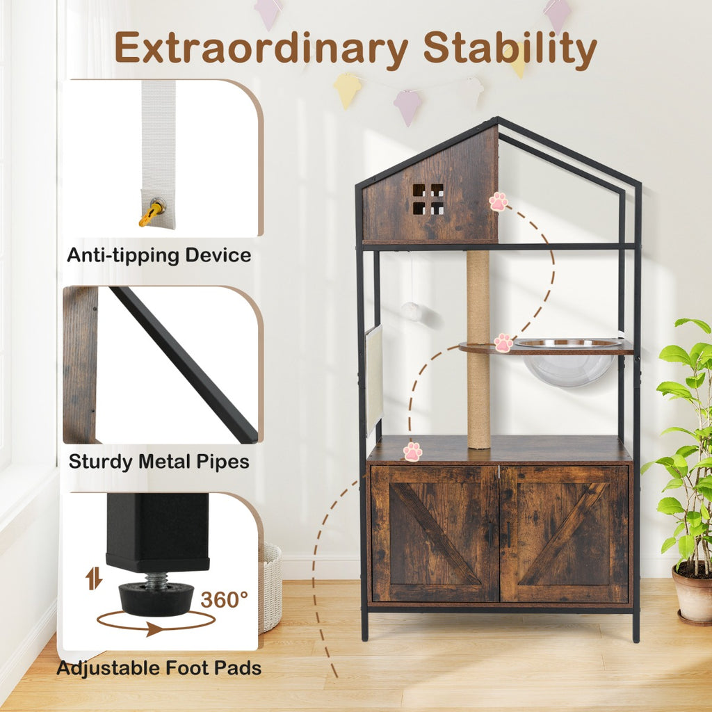 150CM Cat Tree with Litter Box Enclosure-Rustic Brown