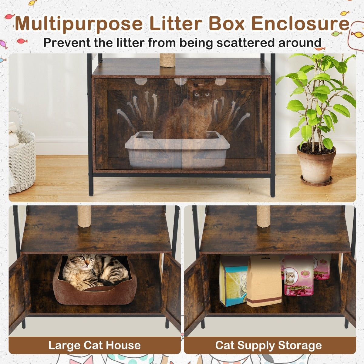 150CM Cat Tree with Litter Box Enclosure-Rustic Brown