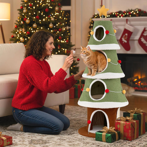 154 cm Cute Cat Tower with 4 Condos and Sisal Carpet for Holiday Decoration-Green & White