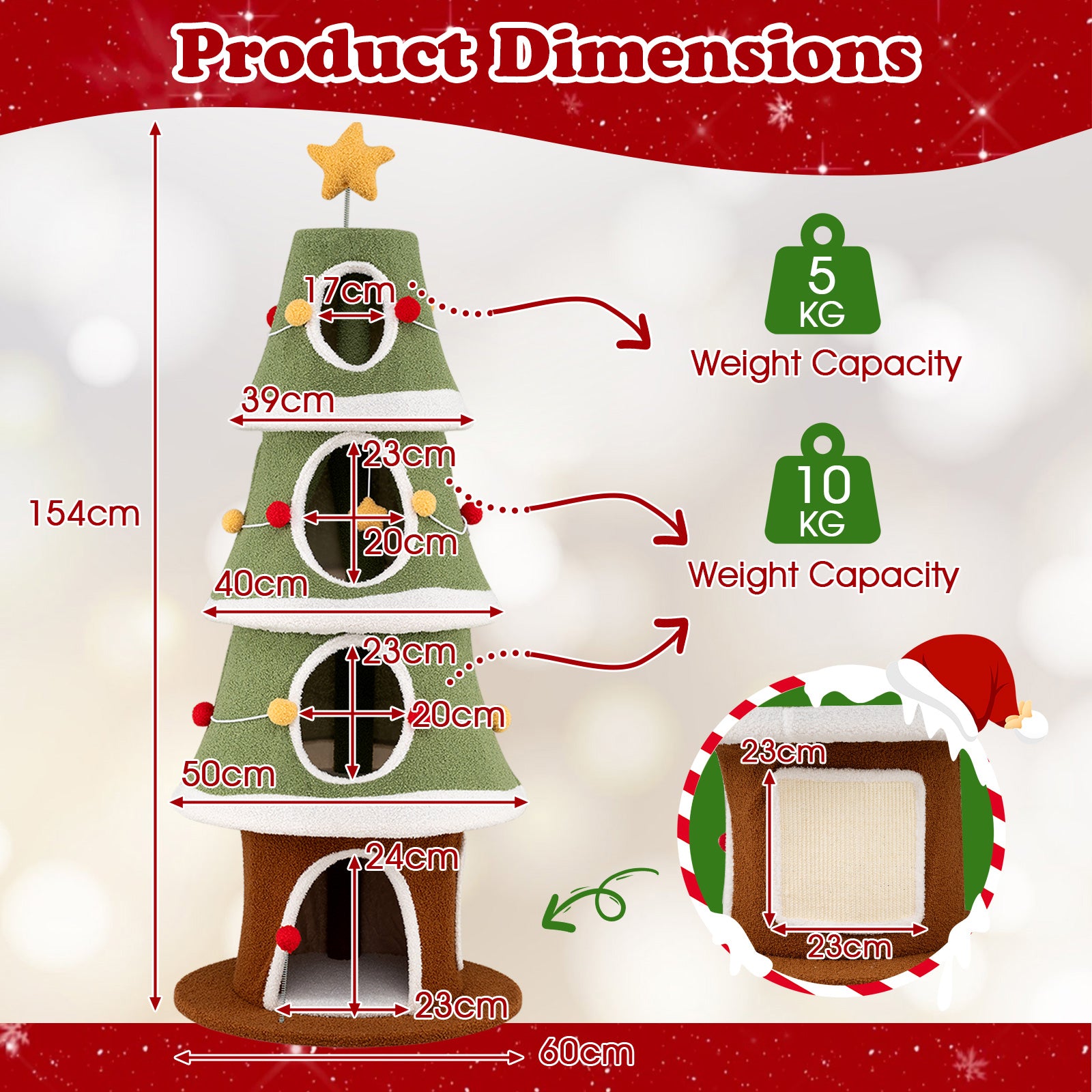 154 cm Cute Cat Tower with 4 Condos and Sisal Carpet for Holiday Decoration-Green & White