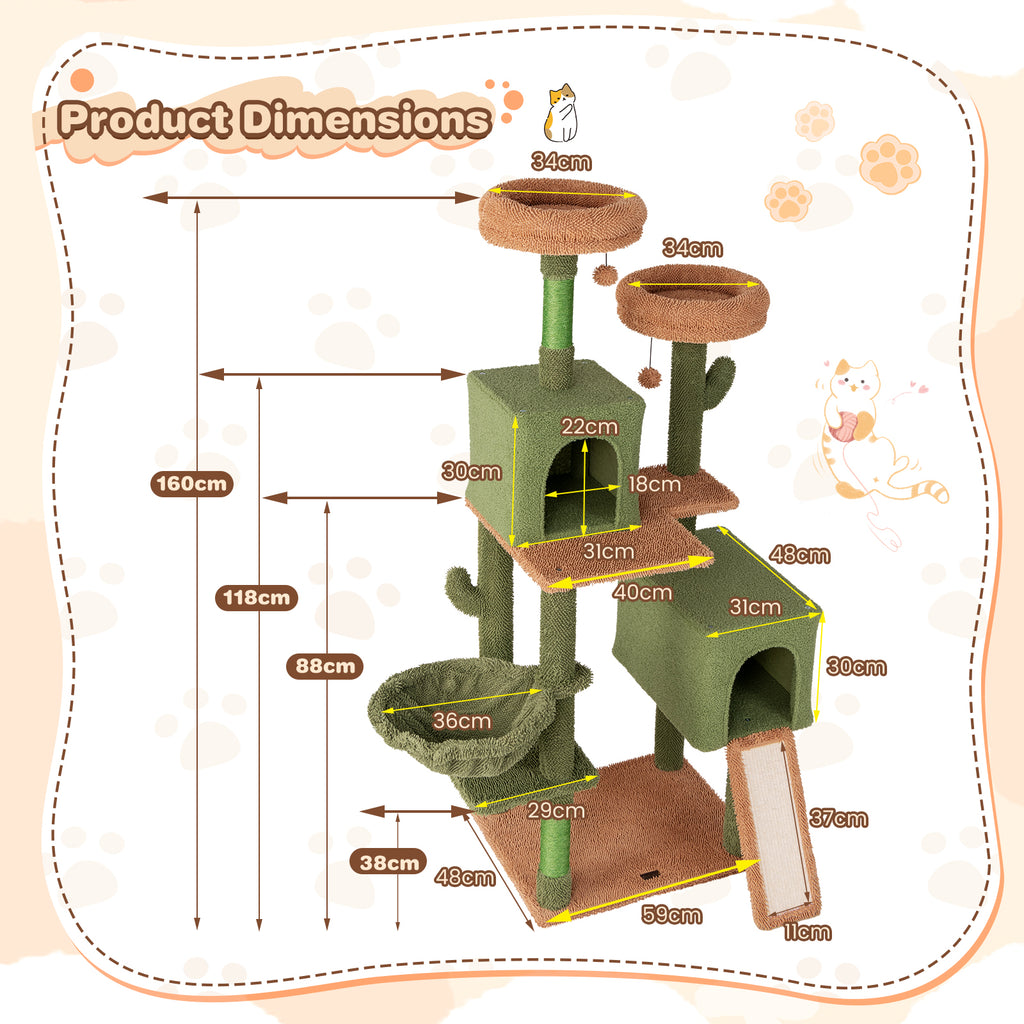 160 cm Multi-level Cactus Cat Tree for Indoor Cats with Scratching Posts-Green