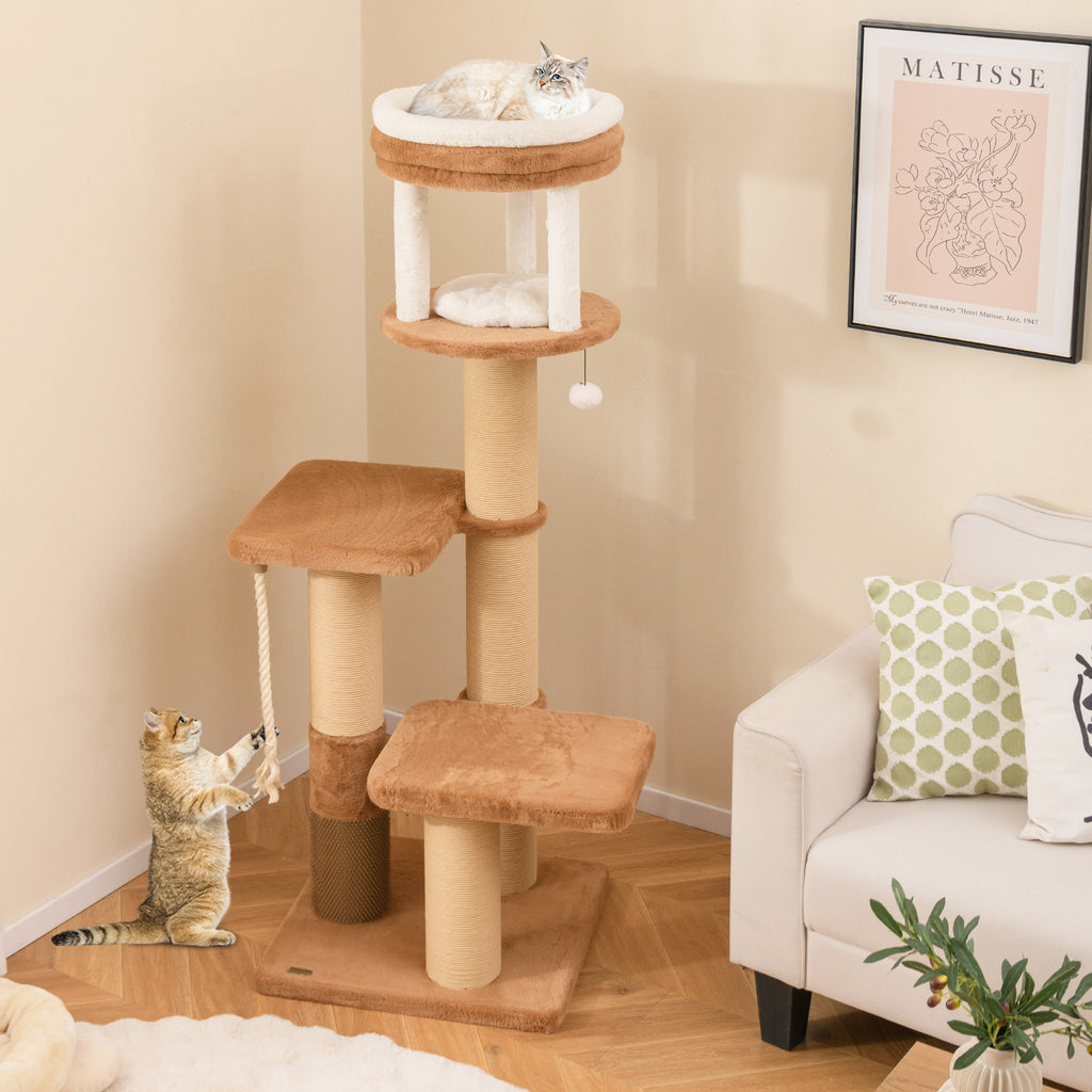 166 cm Tall Cat Tree with Self-groomer and Removable Cat Bed-Coffee