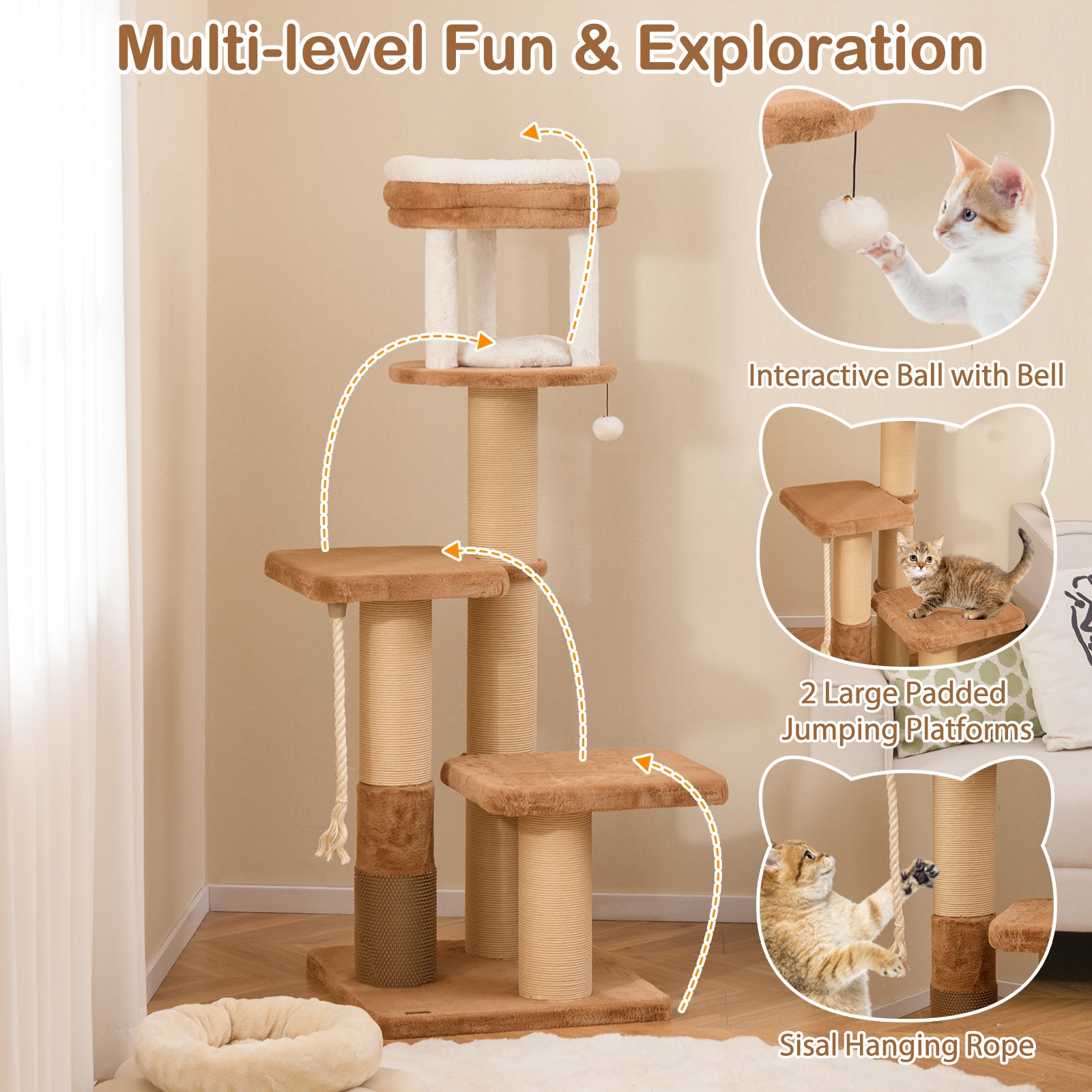 166 cm Tall Cat Tree with Self-groomer and Removable Cat Bed-Coffee