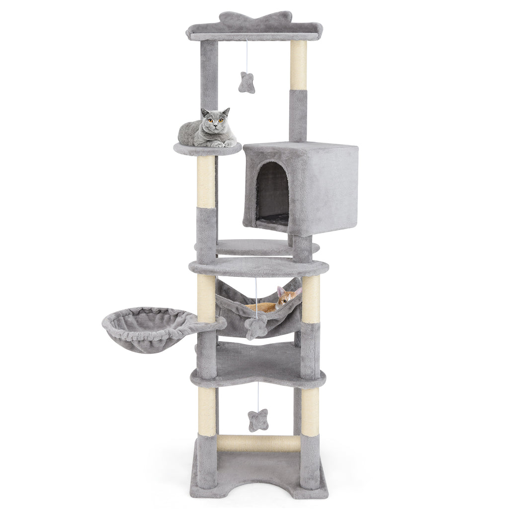 176 cm Multi-level Cat Tree with Hammock Jumping Platforms and Hanging Toys