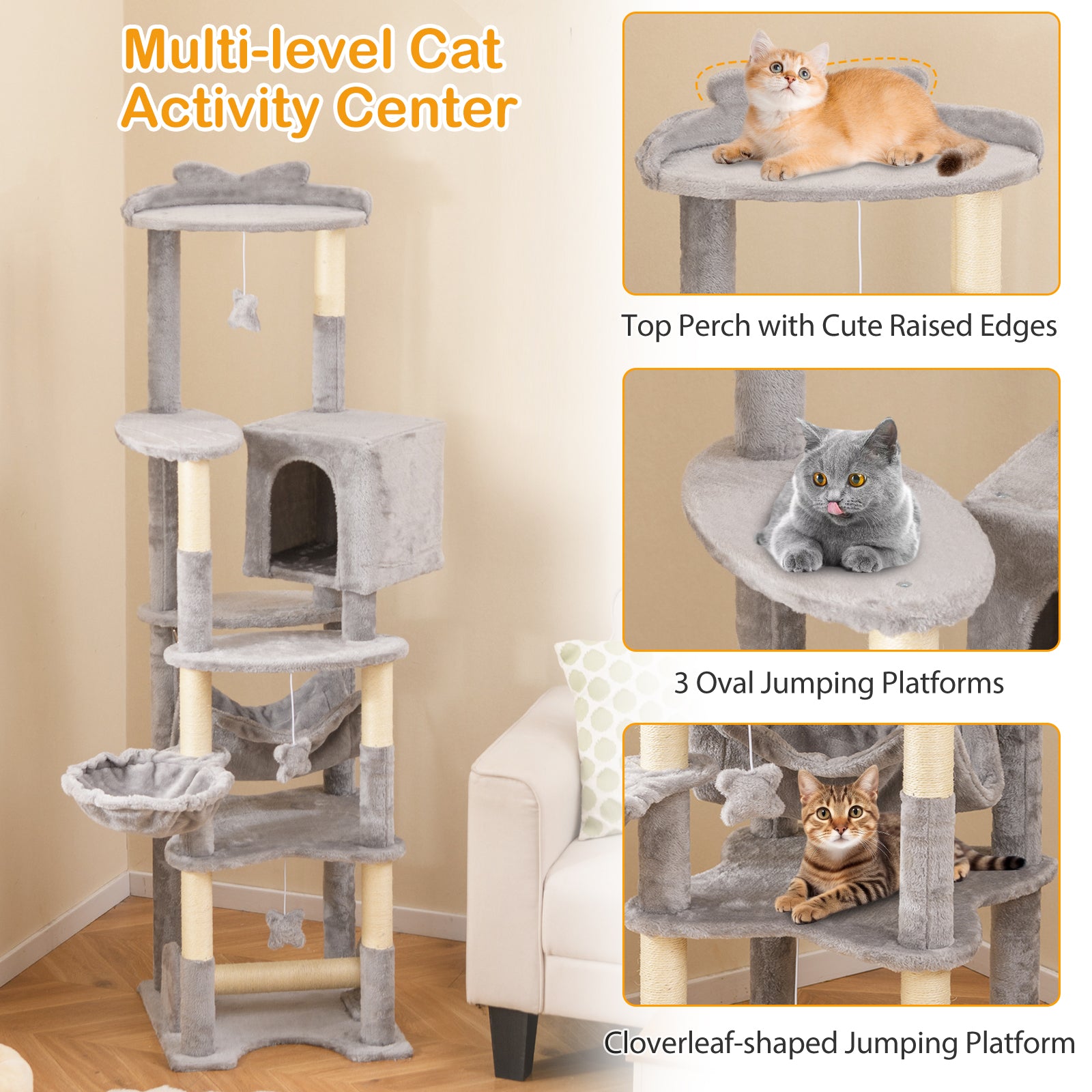 176 cm Multi-level Cat Tree with Hammock Jumping Platforms and Hanging Toys