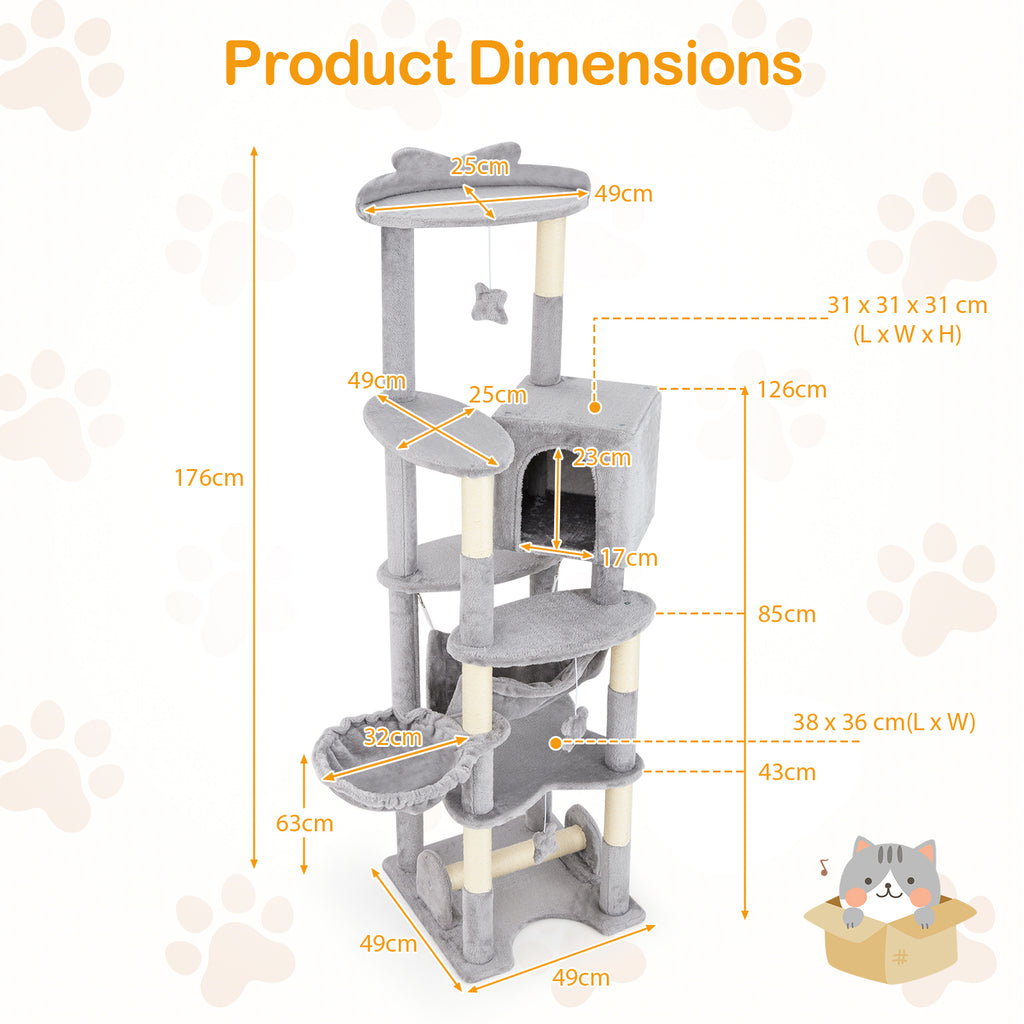 176 cm Multi-level Cat Tree with Hammock Jumping Platforms and Hanging Toys
