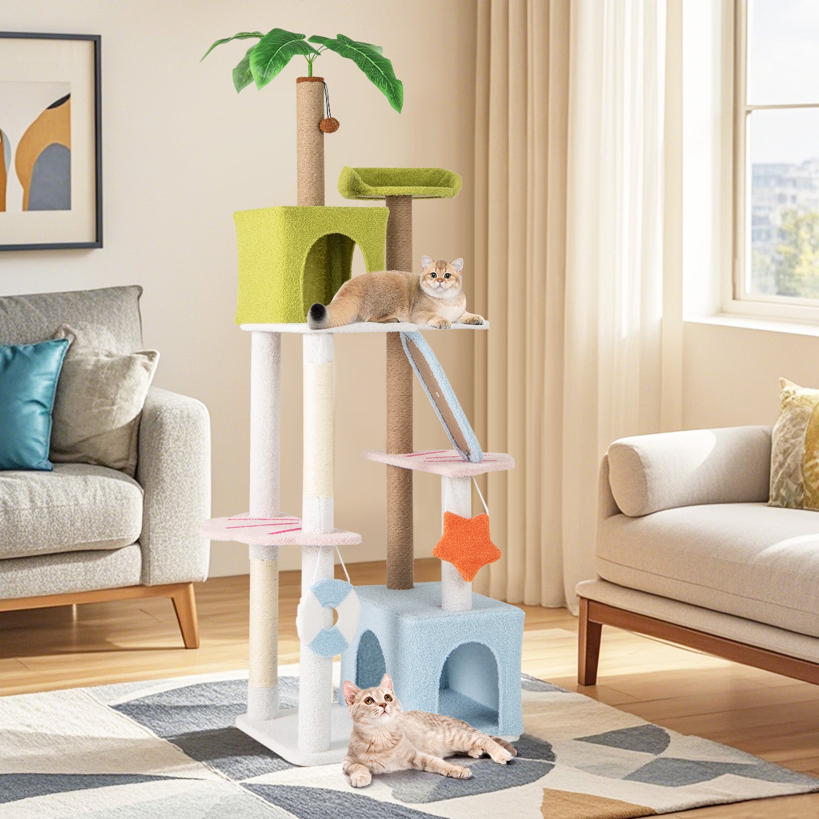 180 cm Tall Cat Tree Multi-Level Aesthetic Beach-Themed Cat Tower-Multicolor