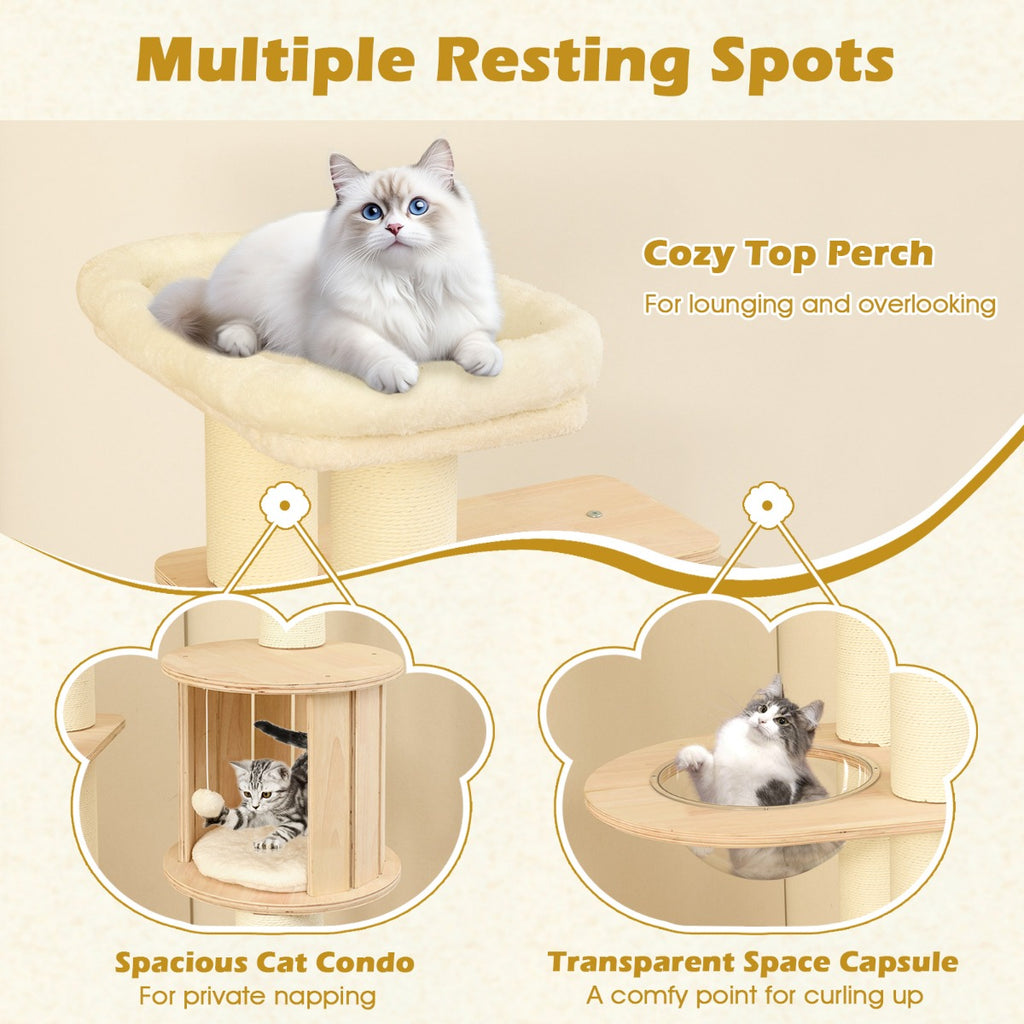 180 cm Tall Cat Tree with Cozy Perch Condo Space Capsule 12 cm Scratching Posts-Natural