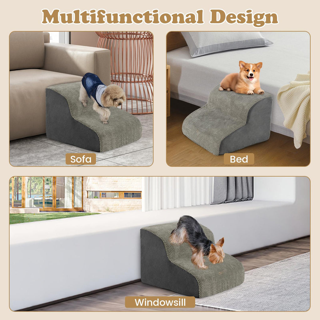 2-Tier Dog Ramp Pet Stairs with Washable Cover and High-Density Foam-Grey