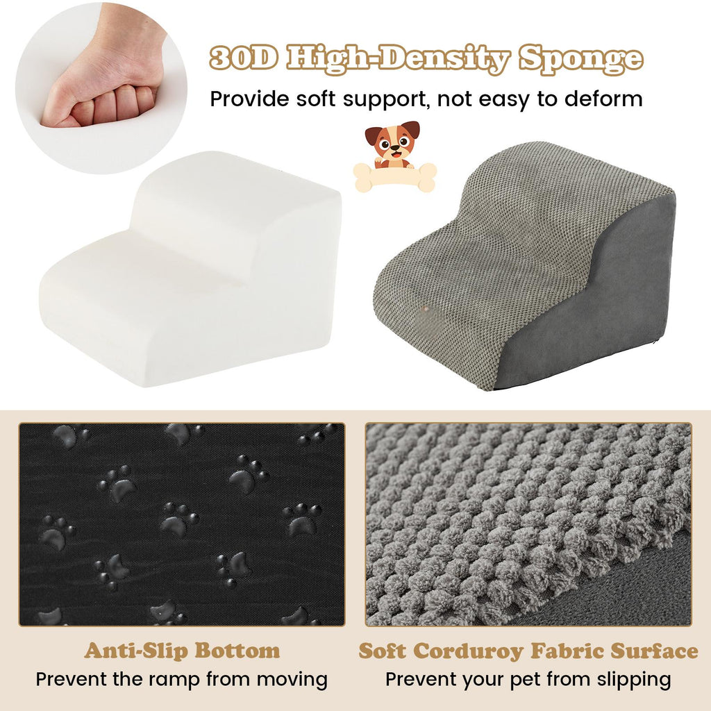 2-Tier Dog Ramp Pet Stairs with Washable Cover and High-Density Foam-Grey