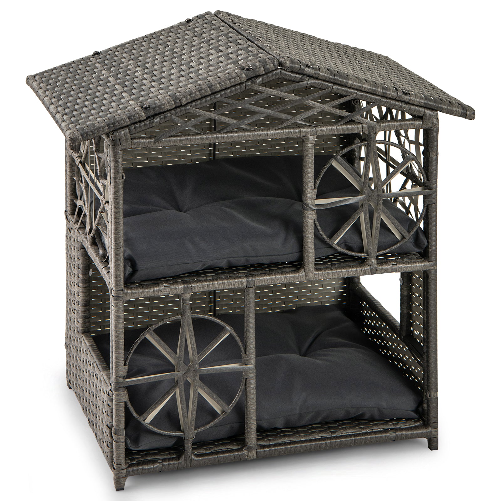 2-storey Wicker Cat House with Removable Cushions-Grey