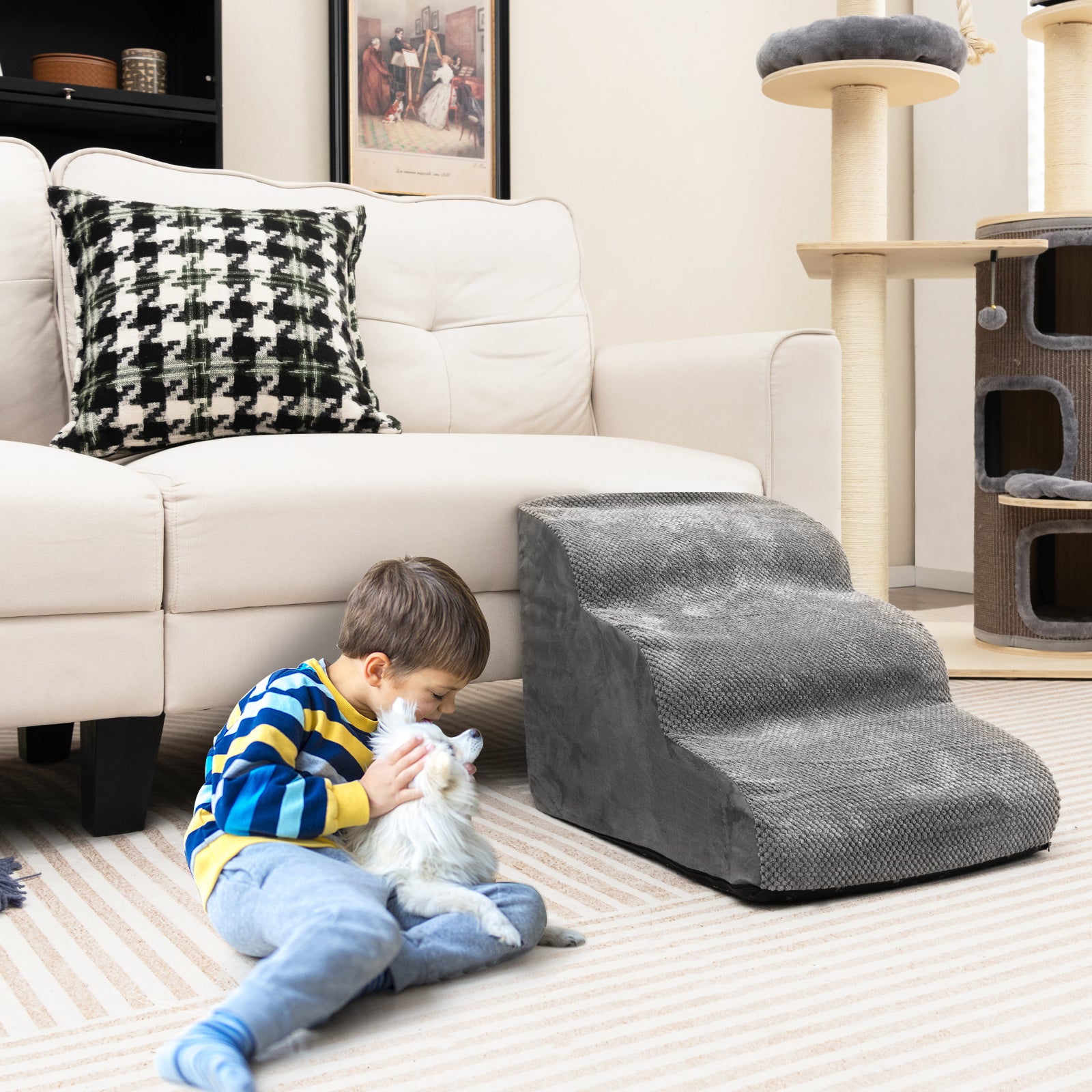 3 Tier Foam Dog Ramp with Gentle Slope Surface-Grey