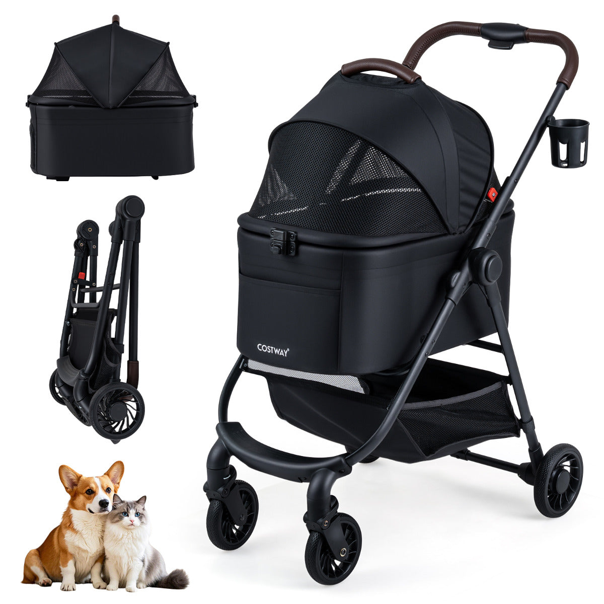 3-in-1 Pet Stroller One-hand Folding  Dog Stroller Car Seat-Black