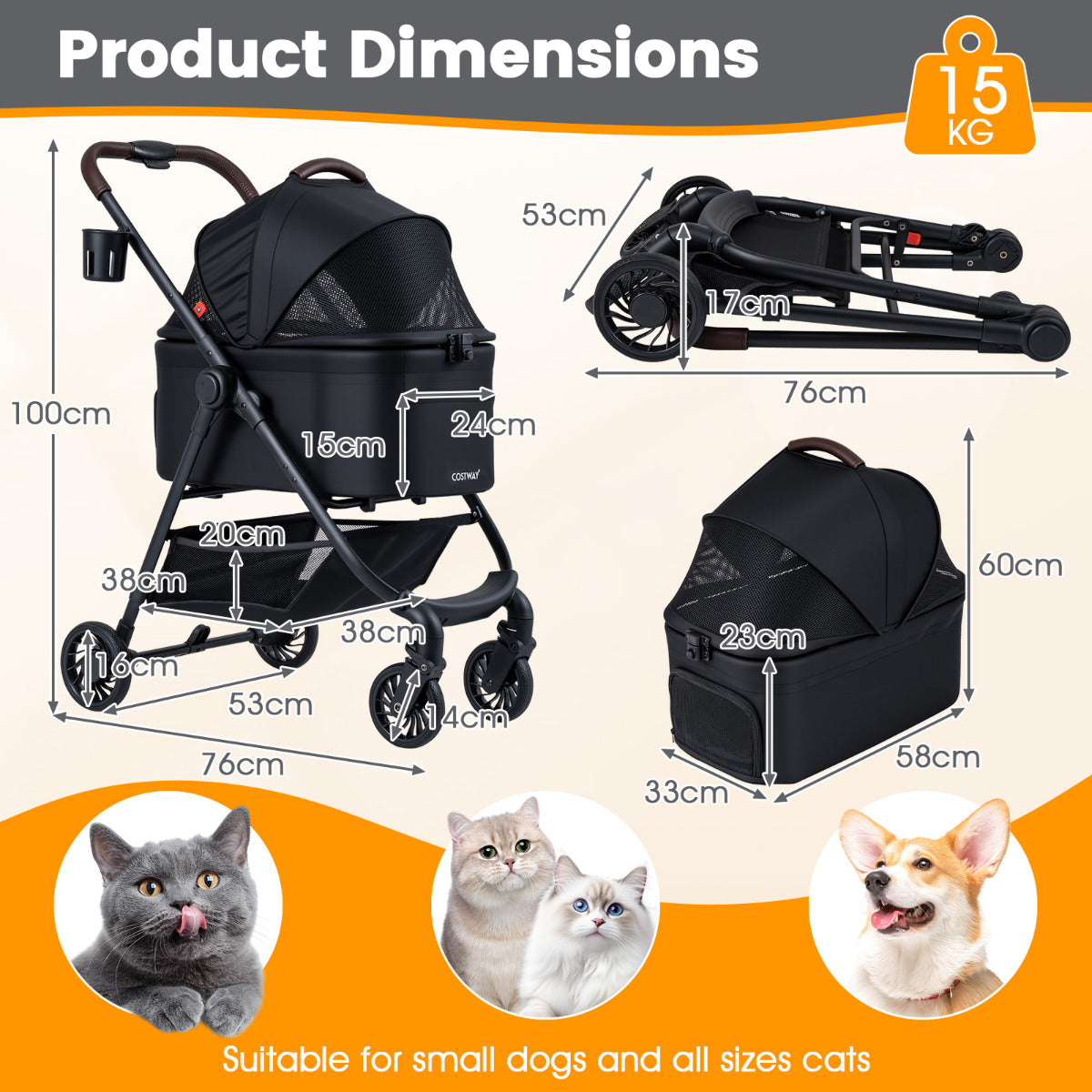 3-in-1 Pet Stroller One-hand Folding  Dog Stroller Car Seat-Black