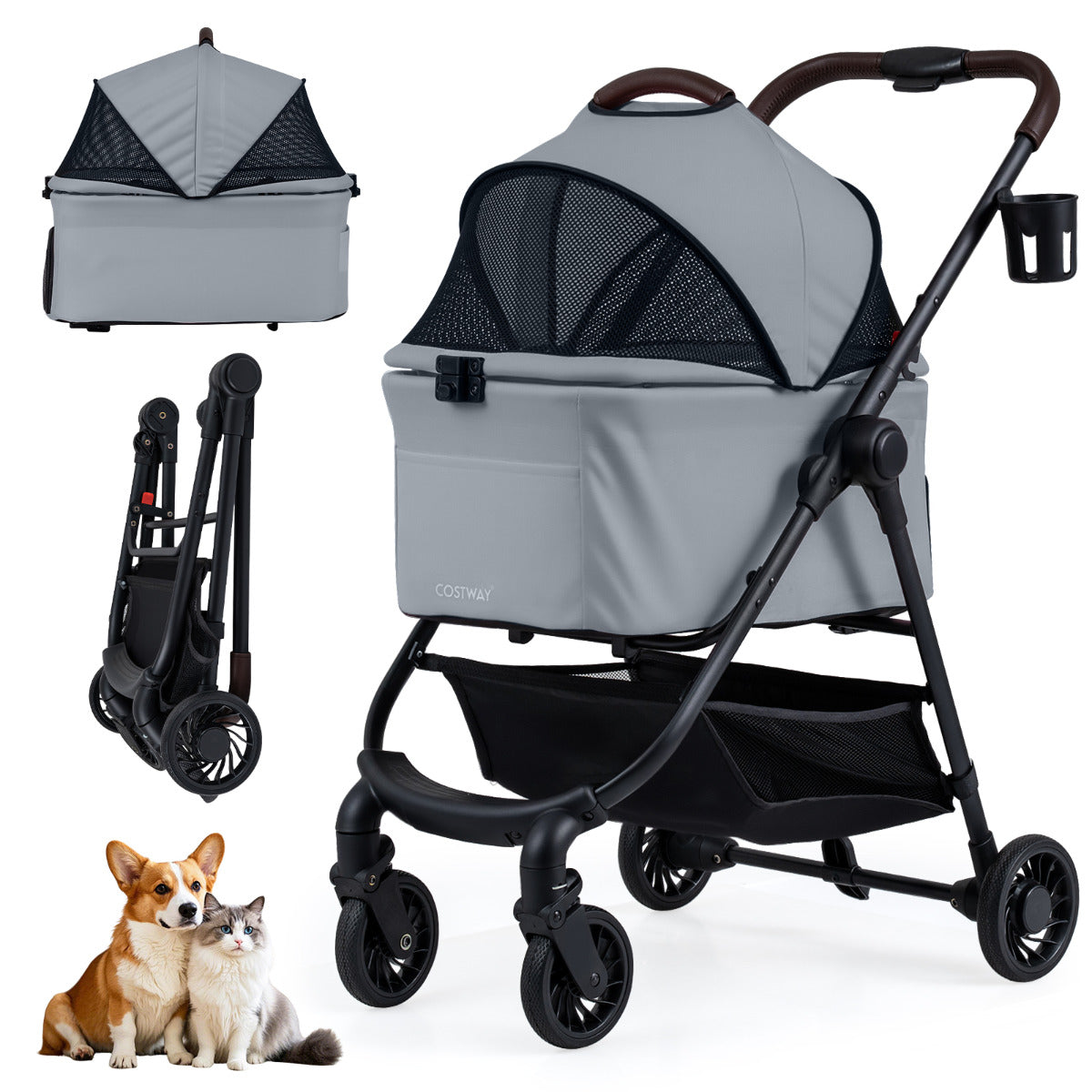 3-in-1 Pet Stroller One-hand Folding  Dog Stroller Car Seat-Grey