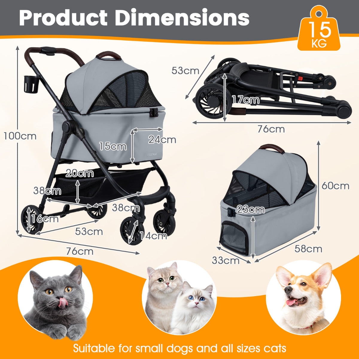 3-in-1 Pet Stroller One-hand Folding  Dog Stroller Car Seat-Grey