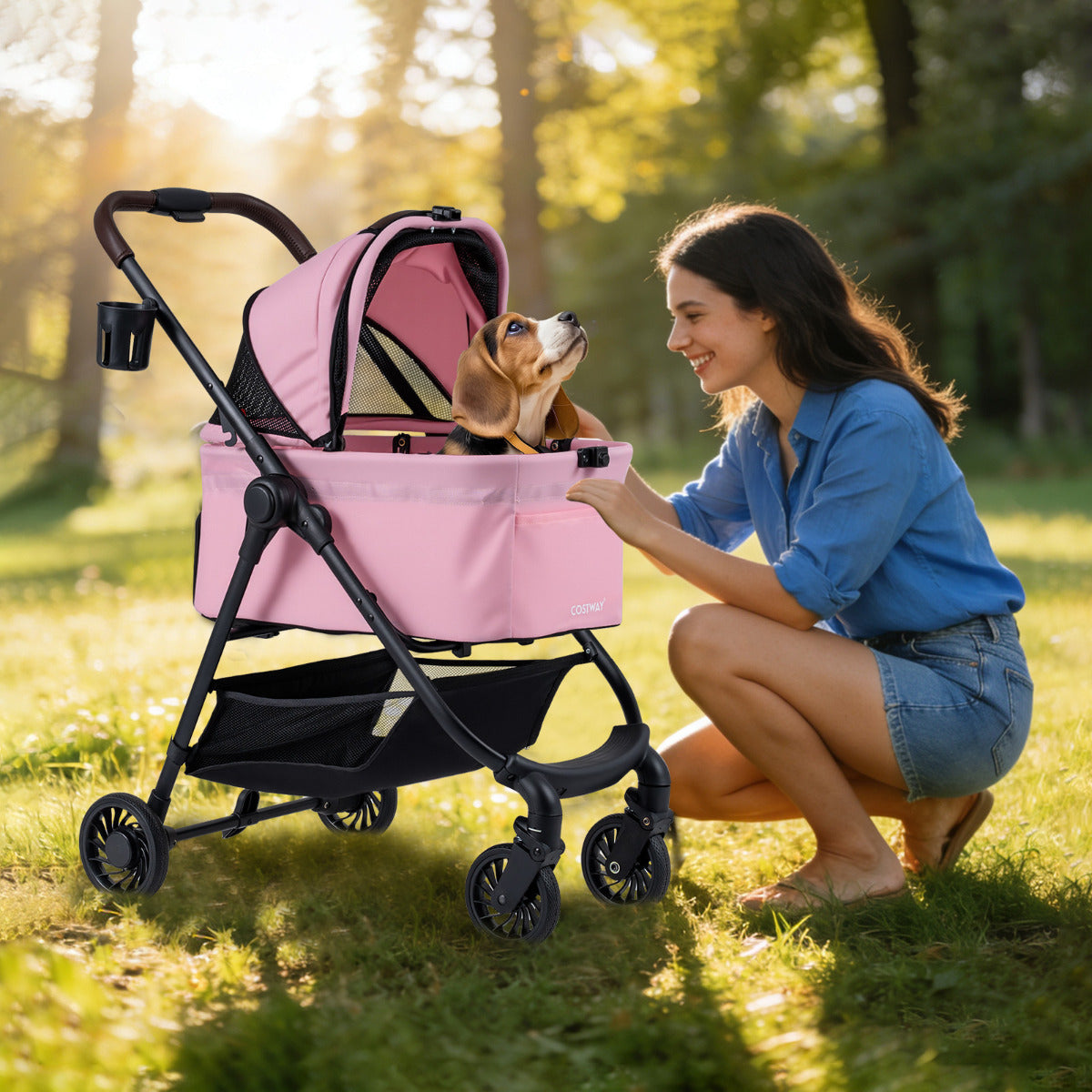 3-in-1 Pet Stroller One-hand Folding  Dog Stroller Car Seat-Pink