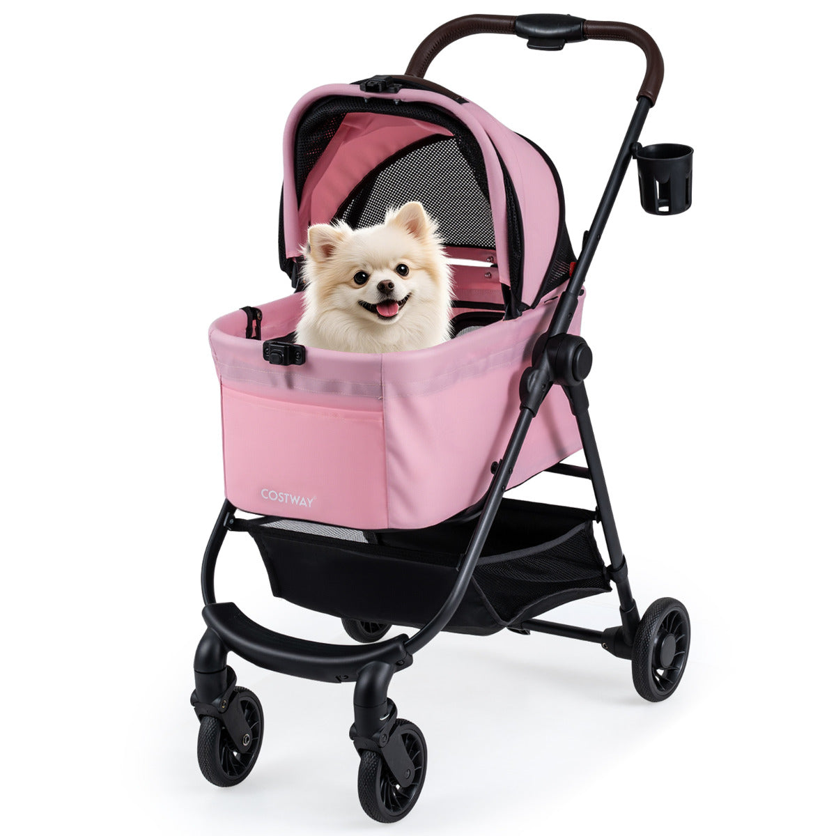 3-in-1 Pet Stroller One-hand Folding  Dog Stroller Car Seat-Pink