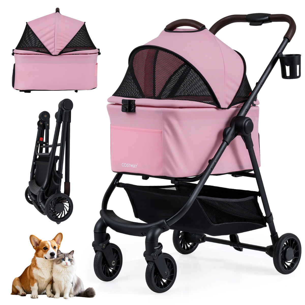 3-in-1 Pet Stroller One-hand Folding  Dog Stroller Car Seat-Pink