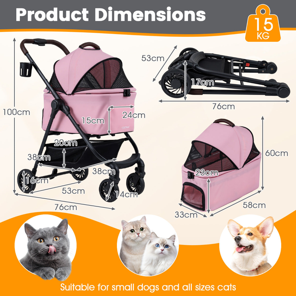 3-in-1 Pet Stroller One-hand Folding  Dog Stroller Car Seat-Pink