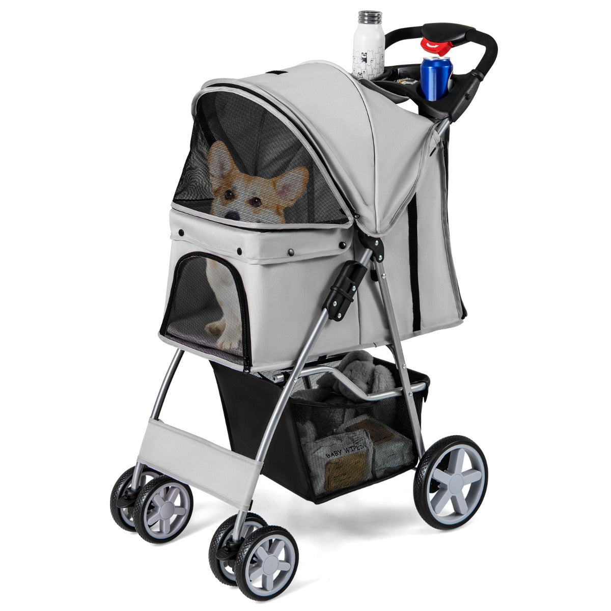 4-Wheel Folding Pet Stroller with Storage Basket and Adjustable Canopy-Grey