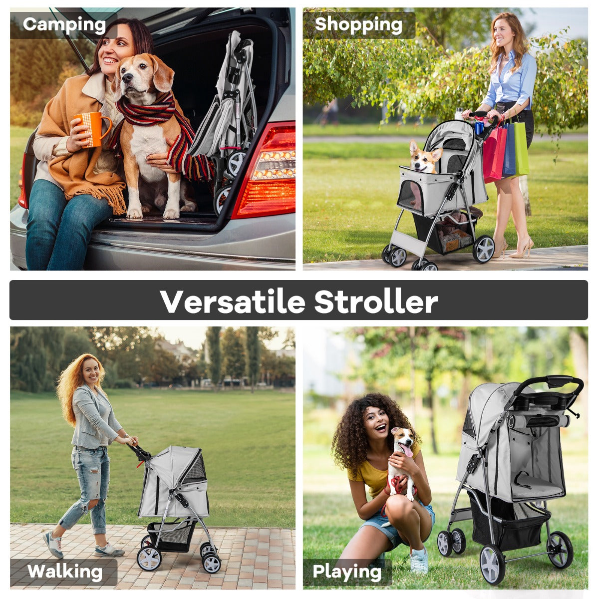 4-Wheel Folding Pet Stroller with Storage Basket and Adjustable Canopy-Grey