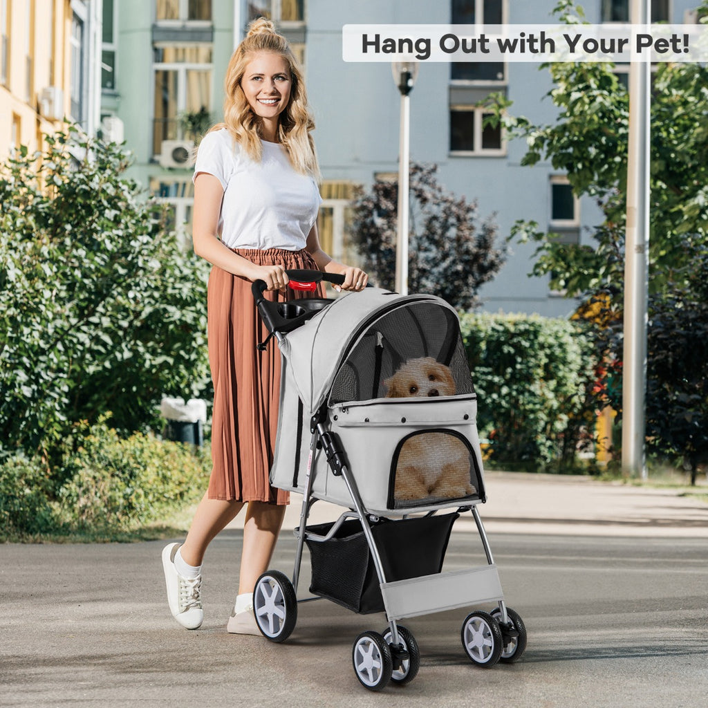 4-Wheel Folding Pet Stroller with Storage Basket and Adjustable Canopy-Grey