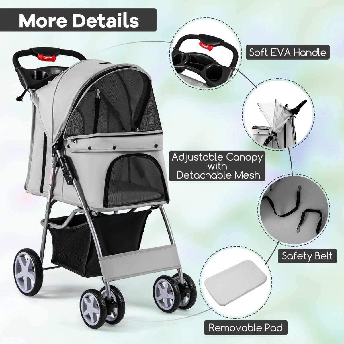 4-Wheel Folding Pet Stroller with Storage Basket and Adjustable Canopy-Grey