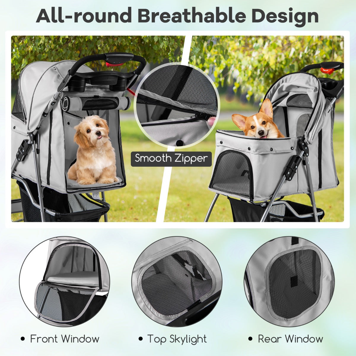 4-Wheel Folding Pet Stroller with Storage Basket and Adjustable Canopy-Grey