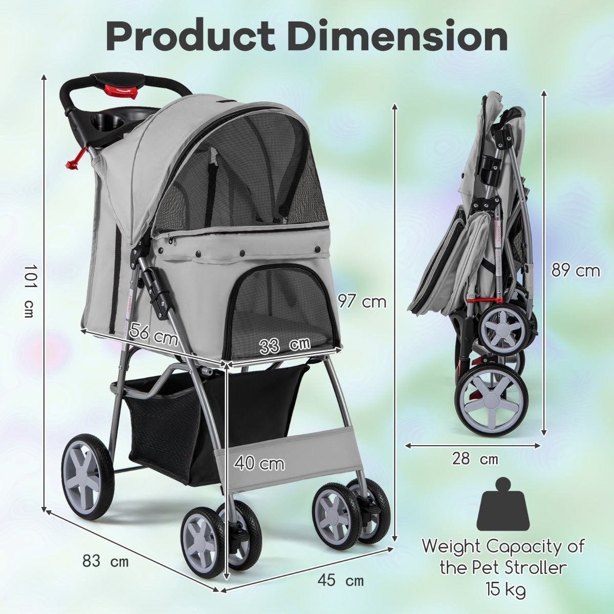 4-Wheel Folding Pet Stroller with Storage Basket and Adjustable Canopy-Grey