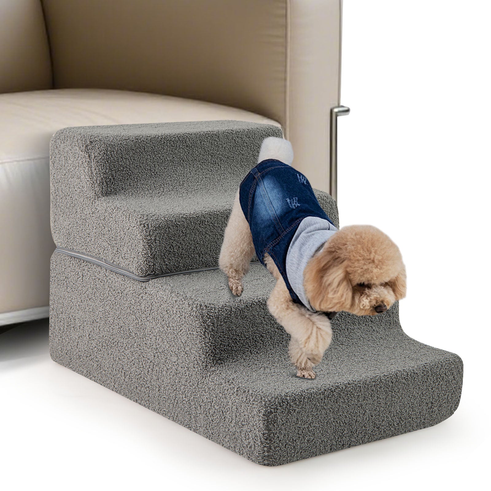 4-step Foam Dog Stairs with Non-slip Bottom and Removable Washable Cover-Grey