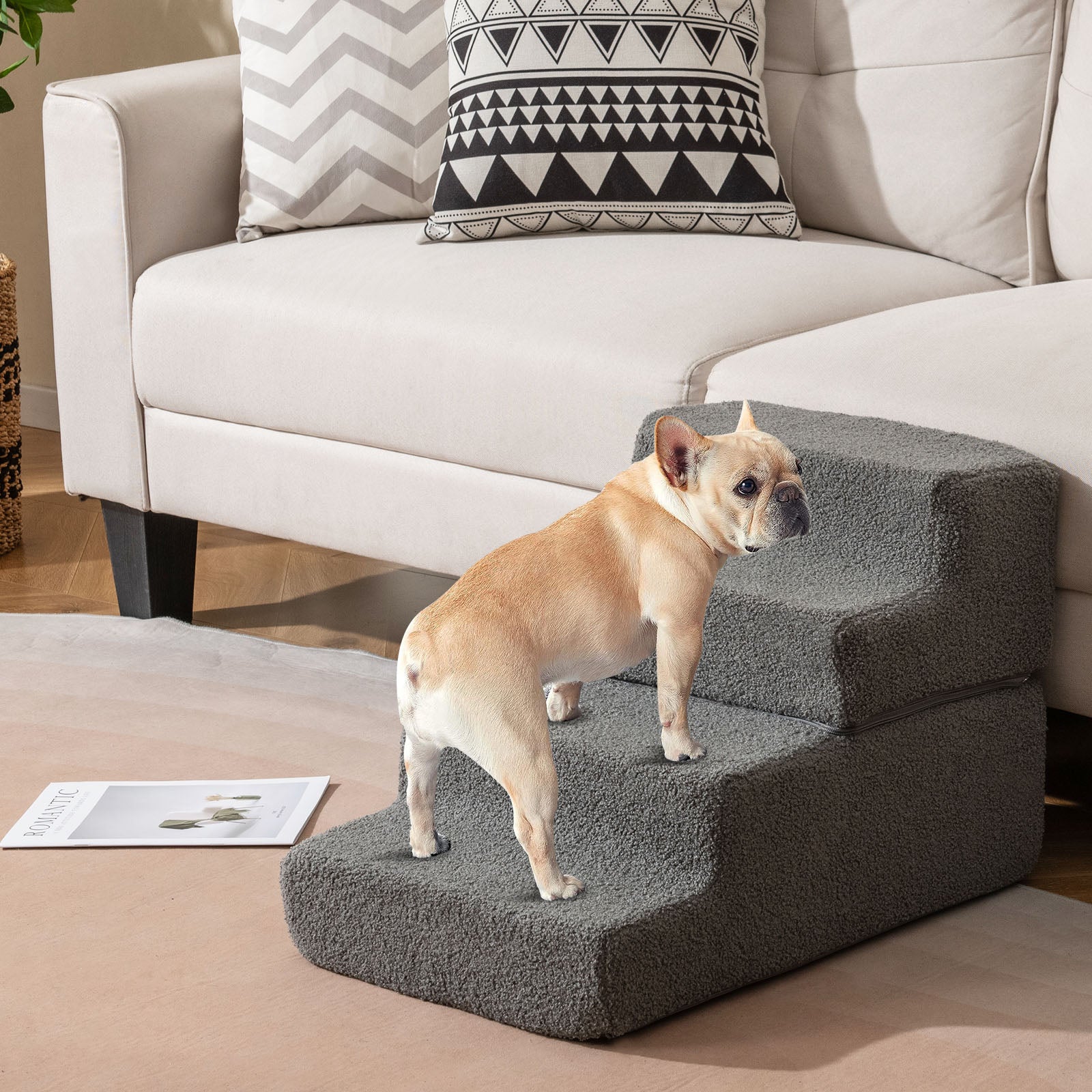 4-step Foam Dog Stairs with Non-slip Bottom and Removable Washable Cover-Grey