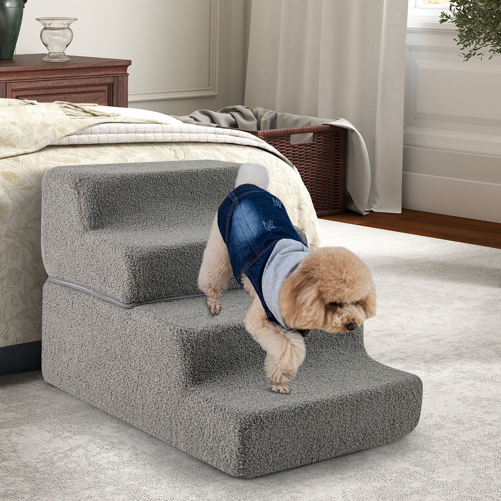 4-step Foam Dog Stairs with Non-slip Bottom and Removable Washable Cover-Grey