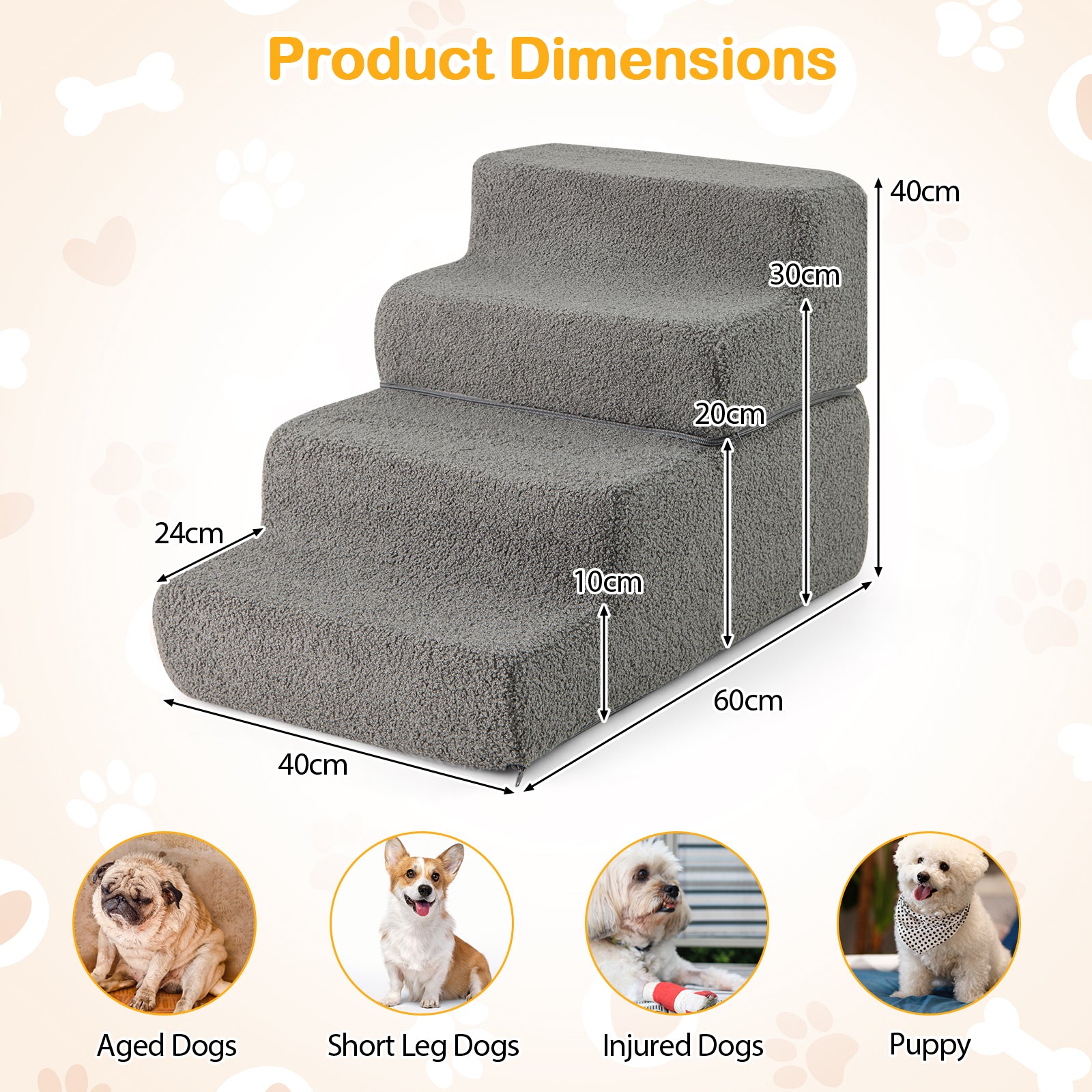 4-step Foam Dog Stairs with Non-slip Bottom and Removable Washable Cover-Grey