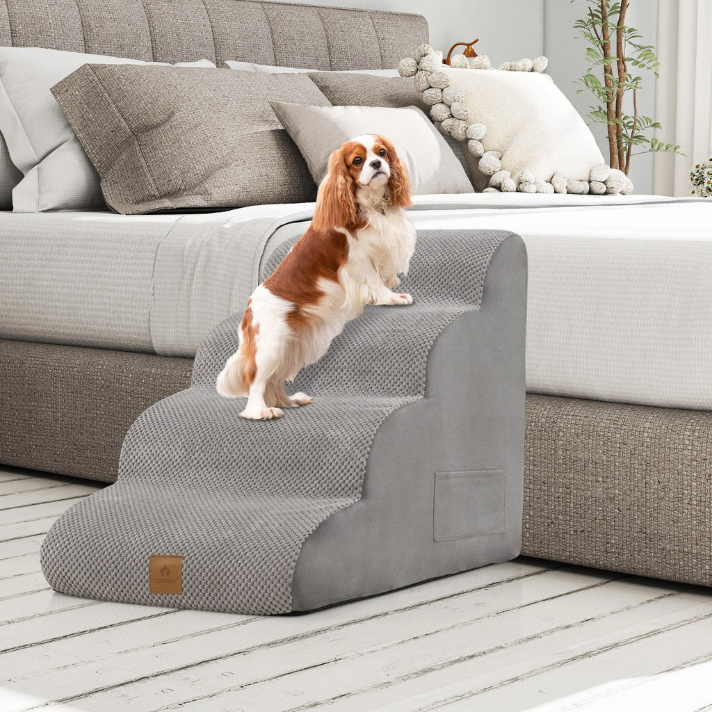 4-Tier Foam Dog Ramp with Washable Zippered Cover and Silicone Paw Prints-Grey